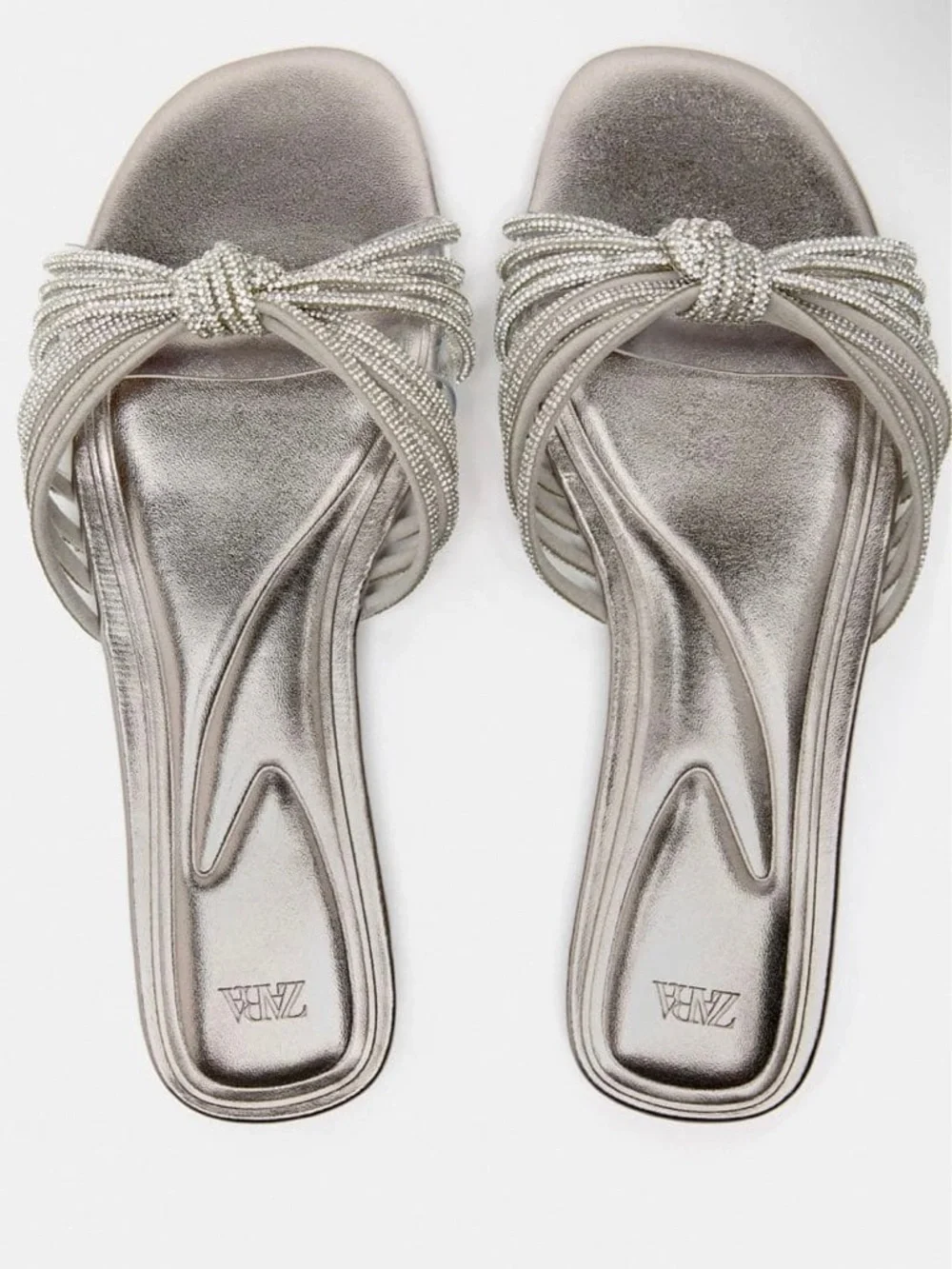NWT Zara Metallic Silver Knotted Beaded Slide Mules - Picture 1 of 4